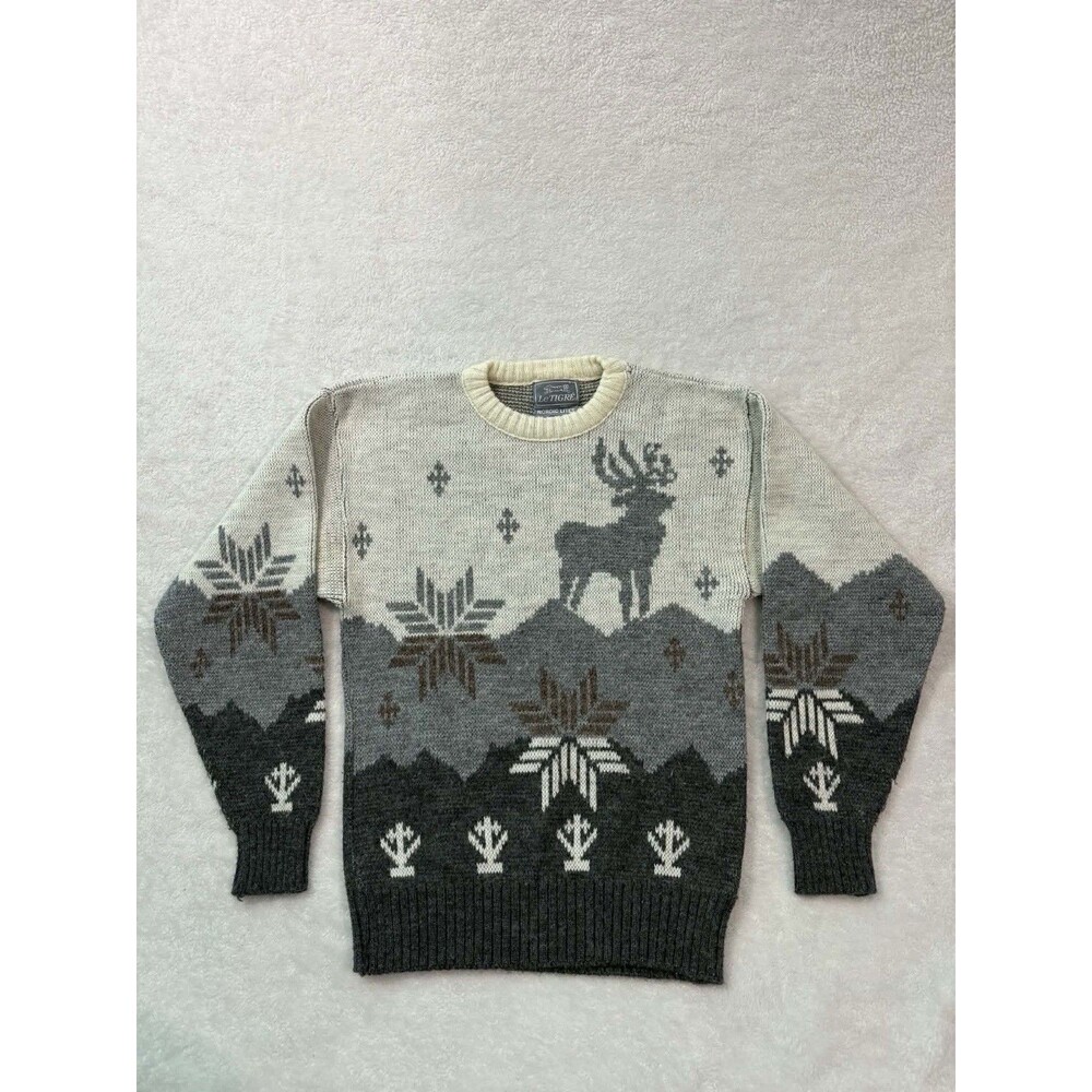 Vintage Le Tigre Sweater Mens Medium Nordic Lites Crewneck Made USA 90s Pattern